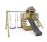 Aire de jeux bois WICKEY Smart Cave avec toboggan Flow 220 cm anthracite et double balançoire - 10 ans de garantie*