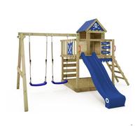 WICKEY Aire de Jeux Smart Cave portique en Bois avec balançoire et Toboggan Bleu, Tour d'escalade pour Enfants avec bac à Sable, échelle et Accessoires de Jeu pour Le Jardin.