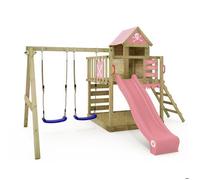 Aire de jeux bois WICKEY Smart Cave avec toboggan Flow 220 cm rose pastel et double balançoire - 10 ans de garantie*