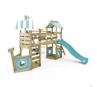 Aire de jeux bois WICKEY StormFlyer style bateau avec toboggan 220 cm bleu pastel et mur d’escalade - 10 ans de garantie*
