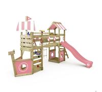WICKEY Aire de Jeux StormFlyer portique en Bois avec balançoire et Toboggan, Tour d'escalade pour Enfants avec bac à Sable, échelle et Accessoires de Jeu pour Le Jardin. (Rose Pastel)