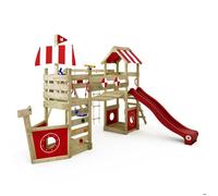 Aire de jeux bois WICKEY StormFlyer style bateau avec toboggan 220 cm rouge et mur d’escalade - 10 ans de garantie*