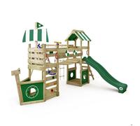 WICKEY Aire de Jeux StormFlyer portique en Bois avec balançoire et Toboggan Vert, Tour d'escalade pour Enfants avec bac à Sable, échelle et Accessoires de Jeu pour Le Jardin.