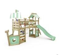 WICKEY Aire de Jeux StormFlyer portique en Bois avec balançoire et Toboggan, Tour d'escalade pour Enfants avec bac à Sable, échelle et Accessoires de Jeu pour Le Jardin. (Vert Pastel)