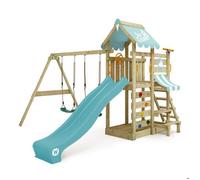 Aire de jeux bois WICKEY VanillaFlyer avec double balançoire, toboggan bleu pastel et table de pique-nique - 10 ans de garantie*