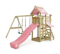 Aire de jeux bois WICKEY VanillaFlyer avec double balançoire toboggan rose pastel et table de pique-nique - 10 ans de garantie*