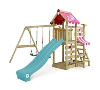 Aire de jeux bois WICKEY VanillaFlyer avec double balançoire, toboggan turquoise et table de pique-nique - 10 ans de garantie*