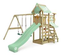 Aire de jeux bois WICKEY VanillaFlyer avec double balançoire, toboggan vert pastel et table de pique-nique - 10 ans de garantie*