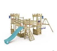 WICKEY Tour de Jeu Structure d'escalade château Smart Arch avec balançoire & Toboggan, Tour d'escalade extérieure pour Enfants avec bac à Sable, échelle & Accessoires de Jeu (Turquoise)