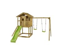 Aire de jeux en bois avec cabane sur pilotis wapiti avec balançoires, toboggan, cabane avec balcon marron TU