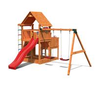 FUNGOO Aire de jeux BIG LEADER MOVE avec triple plateforme à plusieur niveaux, échelle de corde, toiture, mur d'escalade, toboggan rouge & accessoires de jeux, balançoire 2 sièges - Kit sécurité ancrage au sol fournis