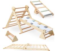 Mamabrum - Triangle de Pikler en Bois de Hêtre et de Pin - Parcours de Motricité Bébé Montessori - Échelle et Mur d'escalade - 3 Niveaux Réglables - Charge Max 50 kg - Escalade Bébé