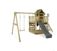 FATMOOSE Tour de jeux JazzyJungle avec balançoire & toboggan, maison de jeux avec bac à sable, échelle & accessoires de jeux - anthracite / vert olive