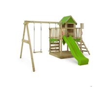 Aire de jeux en bois FATMOOSE JazzyJungle avec balançoire et toboggan vert pomme pour enfants de 3 à 12 ans