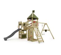 Fatmoose Aire de Jeux Château Fort RiverRun Royal XXL avec balançoire & Toboggan Anthracite, extérieur Enfants Tour d'escalade avec bac à Sable échelle & Accessoires de Jeux