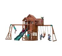 Backyard Discovery Skyfort II aire de jeux en bois | Avec balançoire / toboggan / bac de sable / mur d'escalade / cadre d'escalade / barre de trapèze