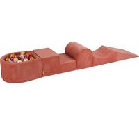 Aire de jeux en mousse MeowBaby Ensemble de jeux en mousse à 4 éléments avec petit bain de balles, 100 balles, 57x45x30cm, velours, rouge marron : perle de Bourgogne, or, perle blanche, beige