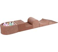 Aire de jeux en mousse MeowBaby Ensemble de jeux en mousse à 4 éléments avec petit bain de balles, 100 balles, 57x45x30cm, velours, Beige : rose pastel, menthe, blanc, beige