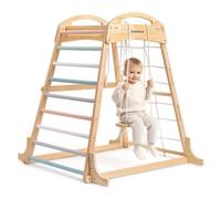 Aire de Jeux Enfant +3 en Bois - Espalier, Balançoire, Anneaux et Gym, Filet Escalade, Structure Motricité 3 Ans+, Charge 50kg