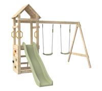 Aire de Jeux GESSETTE avec Toit - Plateforme - échelle - Mur d'escalade - 2 balançoires - Toboggan h210 cm