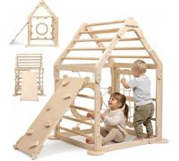 Aire de Jeux Intérieure Enfant Bois - Cabane d’Escalade avec Échelles, Toboggan, Filet et Mur Escalade, 3 Ans+, Charge 50 kg