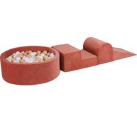 Aire de jeux MeowBaby en mousse 3 éléments avec piscine à balles rondes, 200 balles, velours, Marsala Rouge : Blanc/Beige