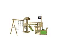 Kangui - Aire De Jeux Pirate En Bois Willi Avec Vigie - Balançoire, Trapèze, Toboggan, Mur D'escalade, Cabane Sur Plateforme, Pont Suspendu