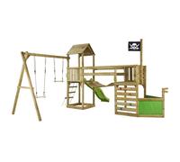 Aire de jeux pirate en bois WILLI avec vigie - Balançoire, trapèze, toboggan, mur d'escalade, cabane sur plateforme, pont suspendu