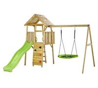 Aire de jeux bois woodi - 2 balançoires, toboggan, escalade, cabane marron TU