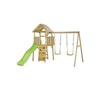 KANGUI Aire de jeux portique en bois WOODI Double balançoire, toboggan, mur d'escalade, cabane, échelle Marron G