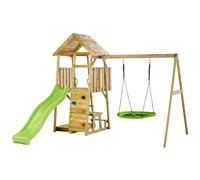 Kangui Aire de jeux en bois WOODI - Double balançoire ou nid, toboggan, mur d'escalade, bac à sable