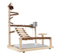 Aire de jeux pour oiseaux en bois avec balançoire et échelle | Kit complet pour perroquets et perruches (37 x 26 x 45 cm) - Avec plateau en acier inoxydable et gamelles | Aire de jeux naturelle pour