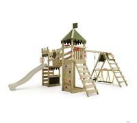 FATMOOSE Tour de jeu Château de chevalier RiverRun avec balançoire SurfSwing & toboggan, maison de jeu avec bac à sable, échelle & accessoires de jeu - vert sauge / vert olive