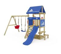 Wickey Aire de Jeux DinkyHouse avec Table de Pique-Nique - Toboggan & bâche - Tour à Grimper pour Enfants pour Le Jardin en Bois Massif - 334x317x247 cm (Bleu)