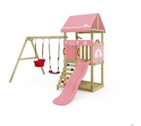 Aire de jeux WICKEY DinkyHouse - Toboggan rose pastel et balançoire avec siège bébé - Un univers d'aventures pour les tout-petits