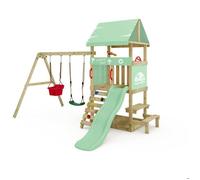 Aire de jeux WICKEY DinkyHouse - Toboggan vert pastel, balançoire avec siège pour bébé et table de pique-nique pour les tout-petits