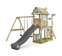 Aire de jeux WICKEY FarmFlyer style ferme - Toboggan anthracite/bleu pastel & double balançoire - Garantie 10 ans* - extérieur