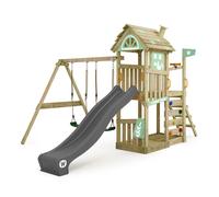 Aire de jeux WICKEY FarmFlyer style ferme - Toboggan anthracite/vert pastel & double balançoire - Garantie 10 ans* - extérieur