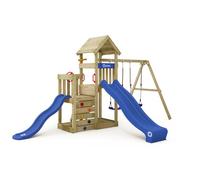 Aire de jeux WICKEY SkyFlyer - 2 plateformes, 2 toboggans bleu et balançoire - Garantie 10 ans* - pour les frères et sœurs