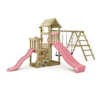 Aire de jeux WICKEY SkyFlyer - 2 plateformes, 2 toboggans rose pastel, balançoire et structure d'escalade - pour les frères et sœurs