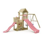 Aire de jeux WICKEY SkyFlyer - 2 plateformes, 2 toboggans rose pastel et balançoire - Garantie 10 ans* - pour les frères et sœurs