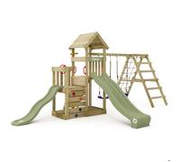 Aire de jeux WICKEY SkyFlyer - 2 plateformes, 2 toboggans vert pastel, balançoire et structure d'escalade - pour les frères et sœurs