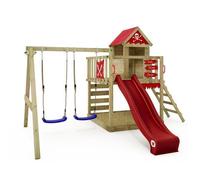 Aire de jeux bois WICKEY Smart Cave avec toboggan Flow 220 cm rouge et double balançoire - 10 ans de garantie*