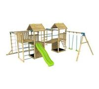 Aire de jeux XXL Camélée Skywood : toboggan, tyrolienne, double tour, pont de singe, balançoires, filet, mur d'escalade, bois FSC®