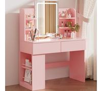 Airfish Coiffeuse avec Miroir et LED, Table de Maquillage avec 3 Étagères et 2 Tiroirs, Coiffeuse avec Grand Tiroir et Armoire, Lumière LED Réglable (Rose)