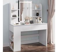 Airfish Coiffeuse avec Miroir et LED, Table de Maquillage avec 3 Étagères et 2 Tiroirs, Coiffeuse avec Grand Tiroir et Armoire, Lumière LED Réglable (Blanc)