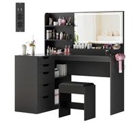 Airfish Coiffeuse avec Miroir LED et Multiprise, Commode avec Tabouret, Grand Espace de Rangement, 5 Tiroirs, étagères, Support pour Sèche-Cheveux, Table de Maquillage en L de Style Moderne (Noir)