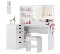 Airfish Coiffeuse avec Miroir LED et Multiprise, Table de Maquillage avec Tabouret, Grand Espace de Rangement, 5 Tiroirs, étagères, Support pour Sèche-Cheveux, Commode Moderne en L (Blanc)