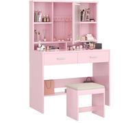 Airfish Coiffeuse avec Miroir LED et Tabouret, 3 Couleurs avec Luminosité Réglable, Table de Maquillage avec Espace pour Bijoux, Étagères Réglables, 2 Tiroirs (Rose+Blanc)