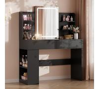Airfish Coiffeuse avec Miroir LED, Lumière Réglable, Espace de Rangement Généreux, Table de Maquillage avec 4 Étagères, 2 Tiroirs et Rangement Latéral, 108x40x136cm, Style Moderne (Noir)